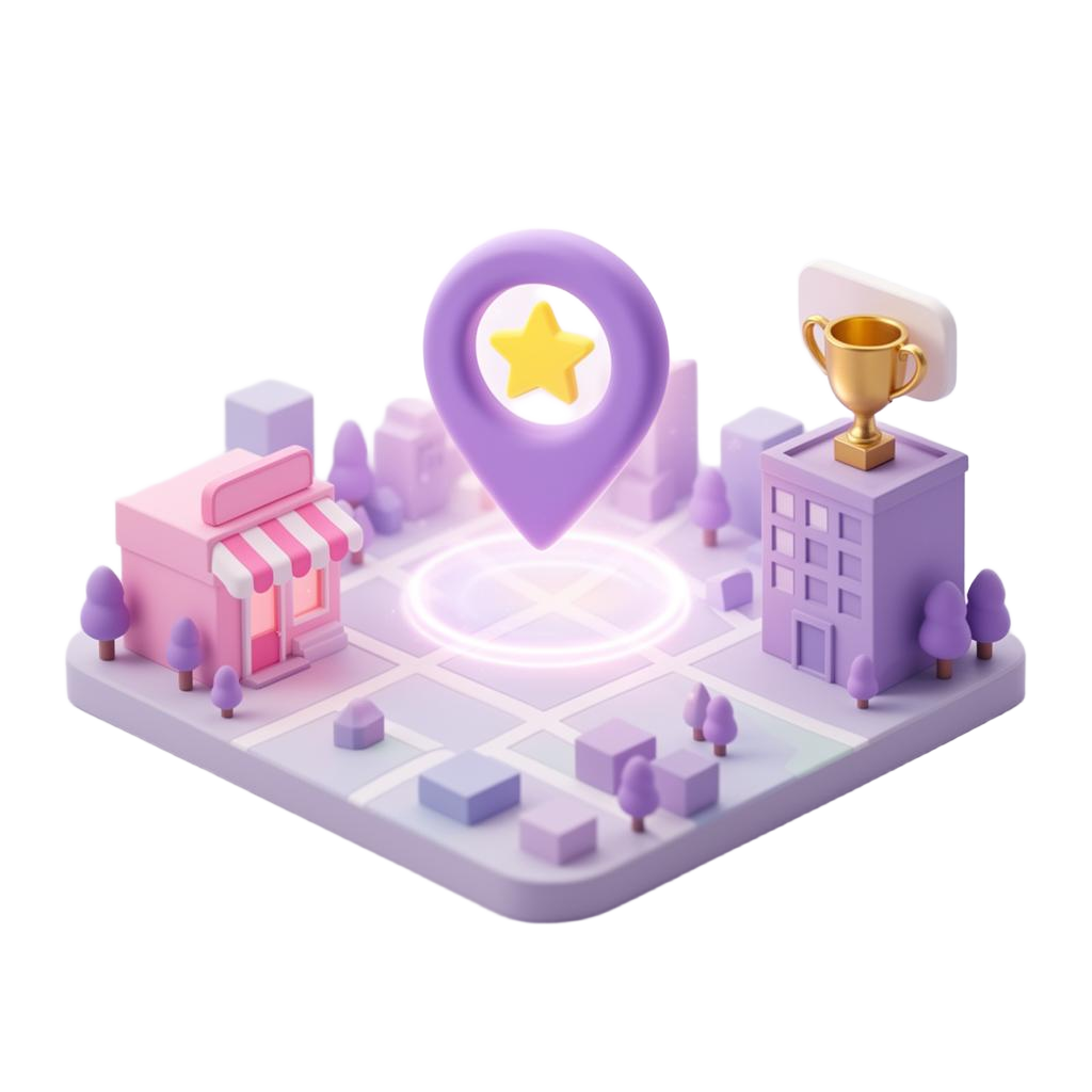 Geohunt 3D city map with treasure pin, shop and trophy