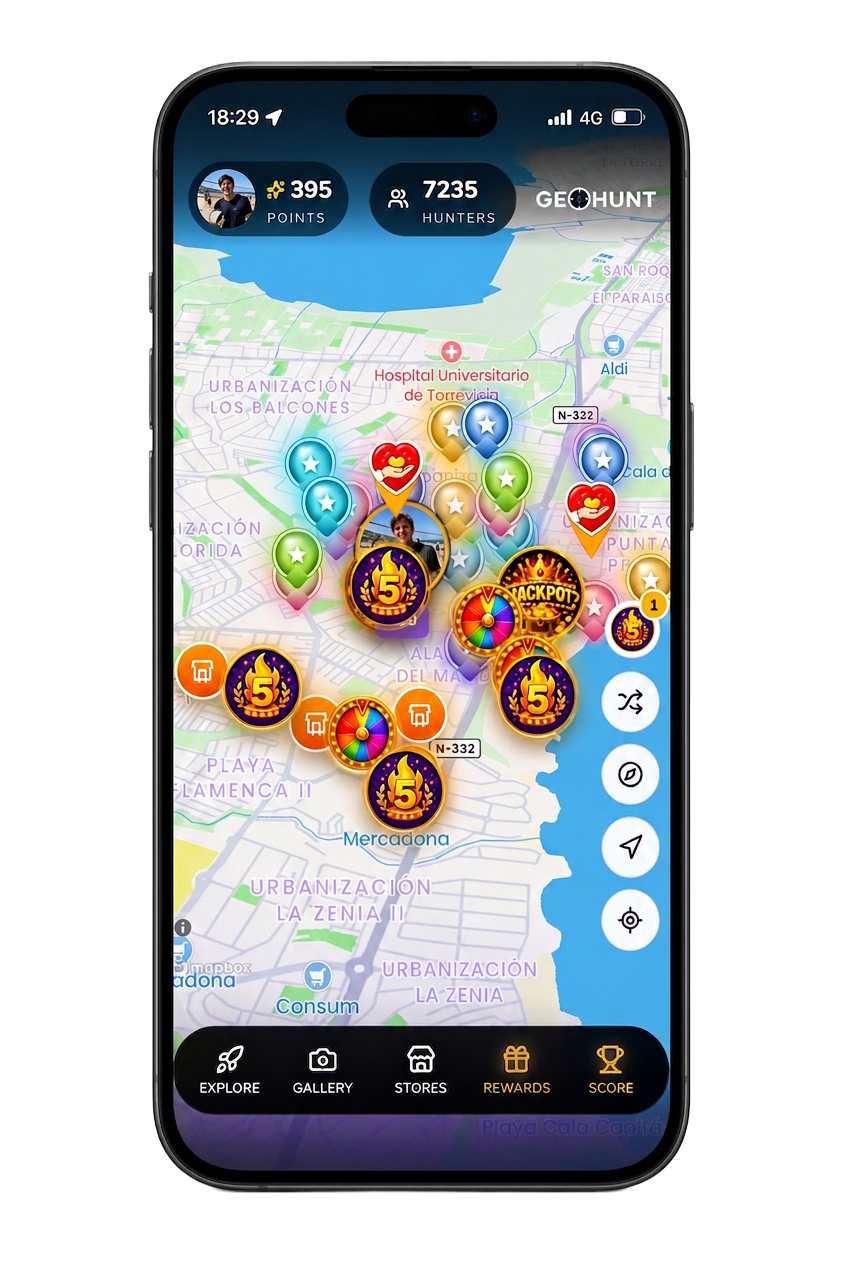 Geohunt app shown on a phone with the live treasure map